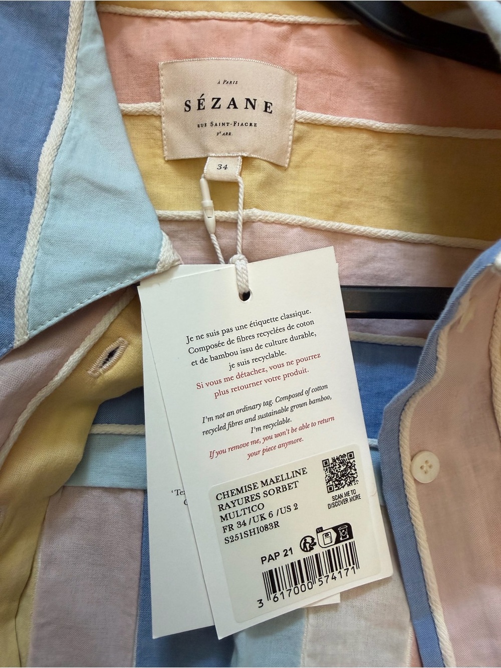 Sezane MAELLINE Shirt pastel stripes size 2 - Picture 8 of 8